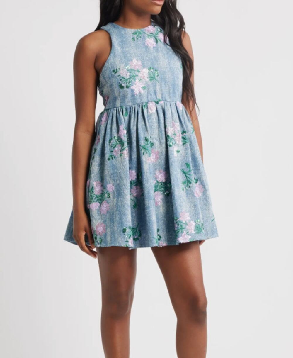 Sister Jane Azul Blue Denim Sequin Floral Minidress NWT Size S